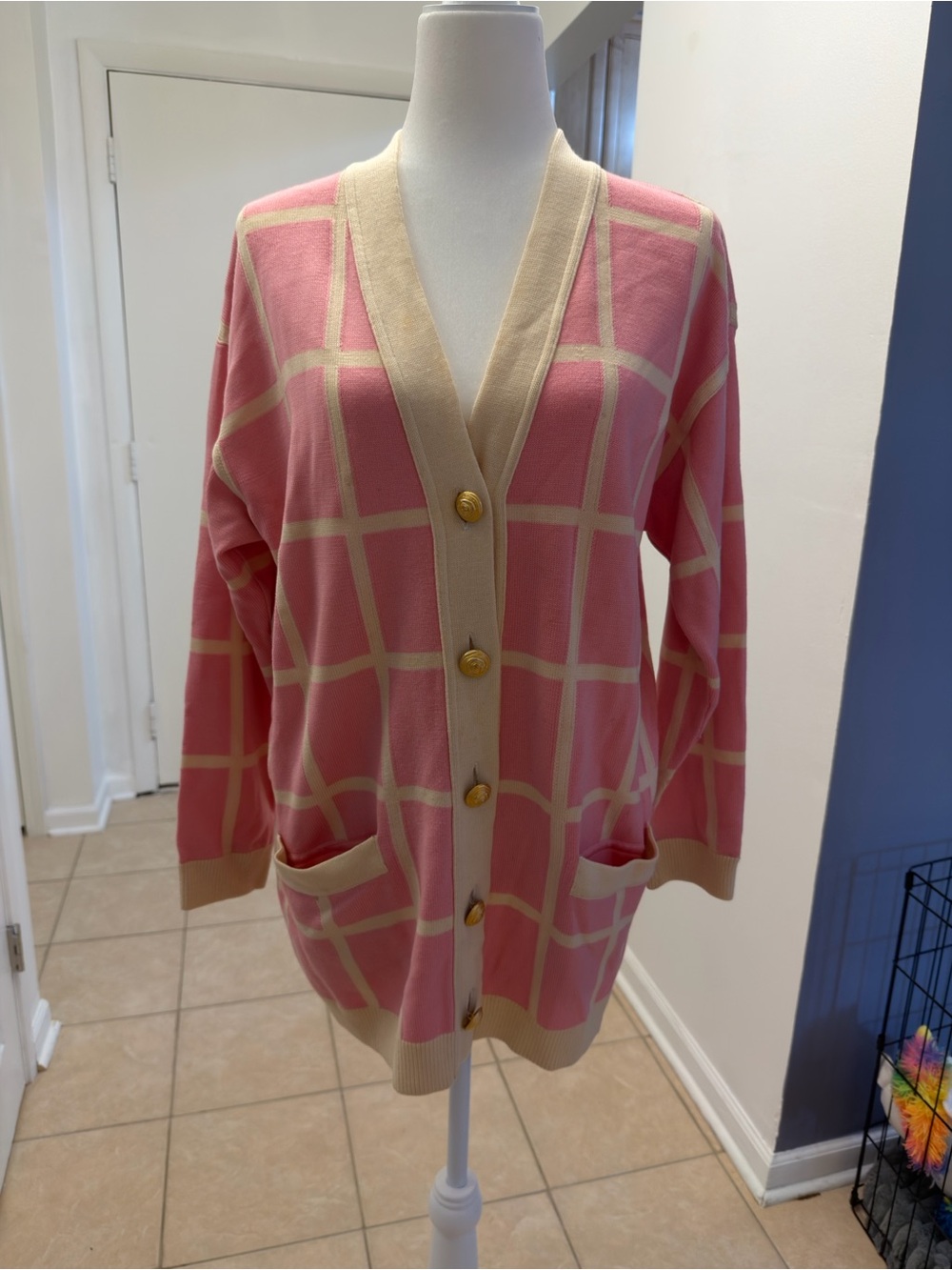 Escada Pink Windowpane Cardigan with Cream Trim